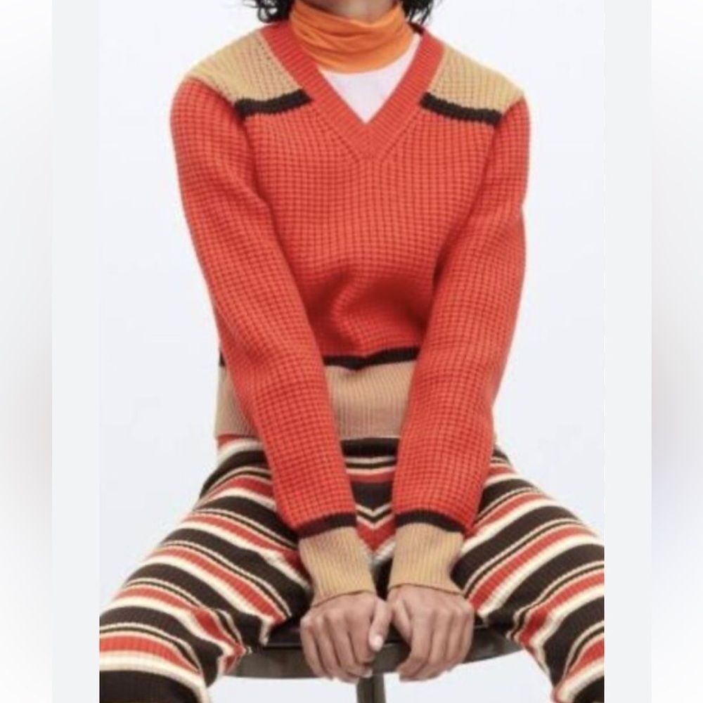 MARNI x Uniqlo Orange V Neck Waffle Knit Wool Blend Sweater Size S